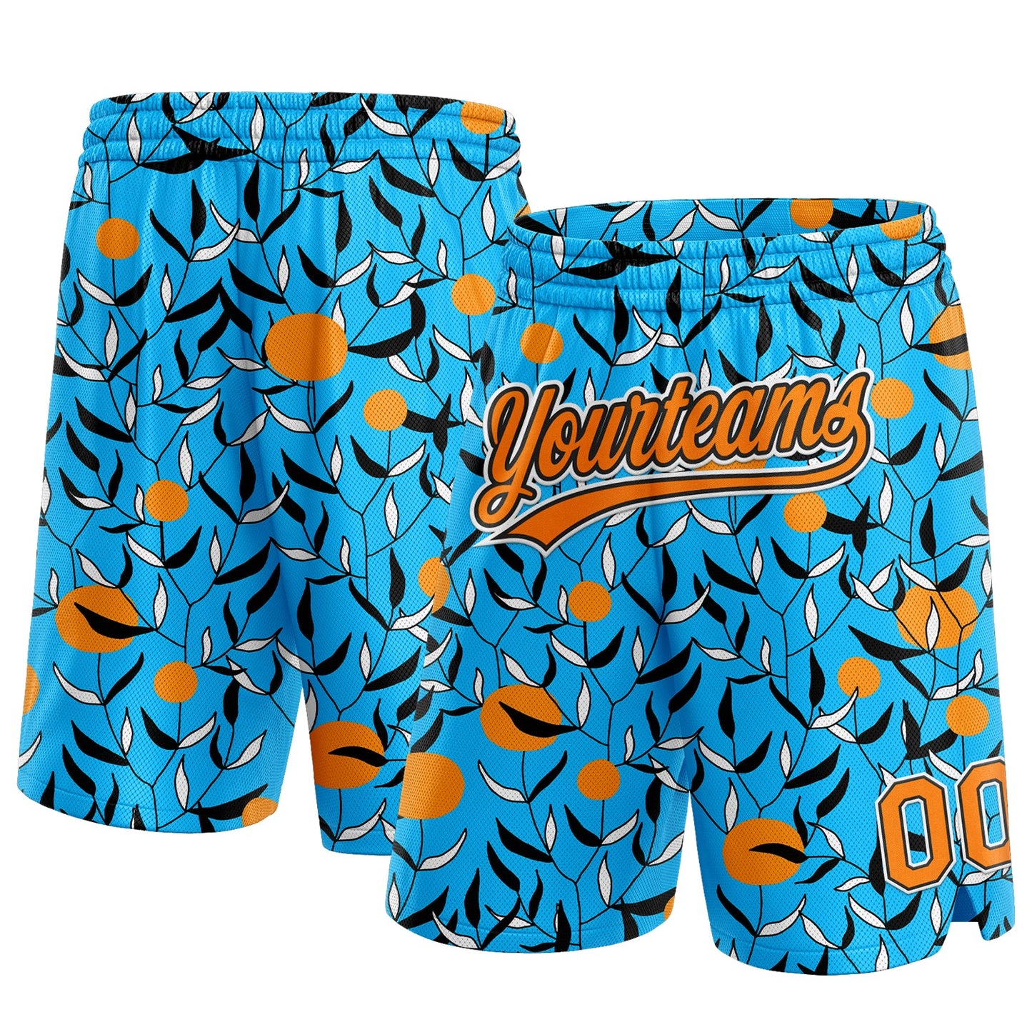 Custom Lakes Blue Bay Orange-Black 3D Pattern Hawaii Leaves And Orange Authentic Basketball Shorts - Main View