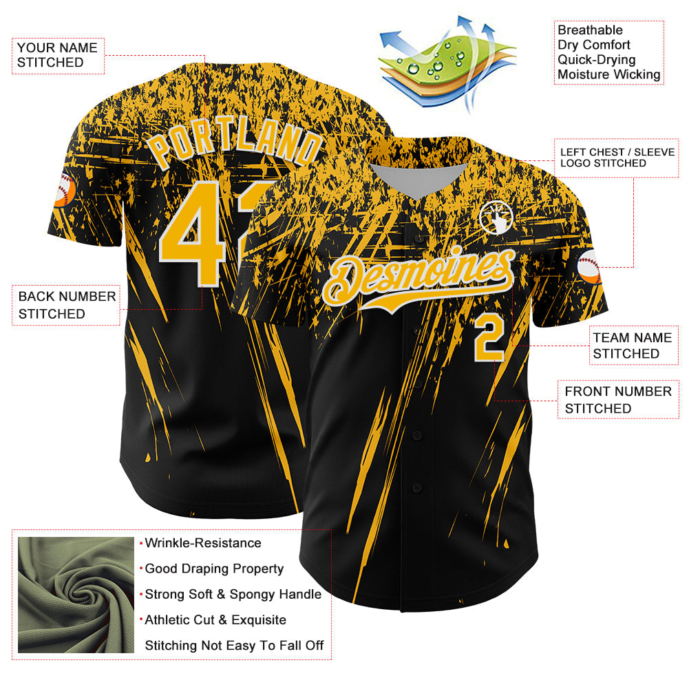 Custom Black Gold-White Distressed Scratch Brush Stroke Authentic Baseball Jersey view 3