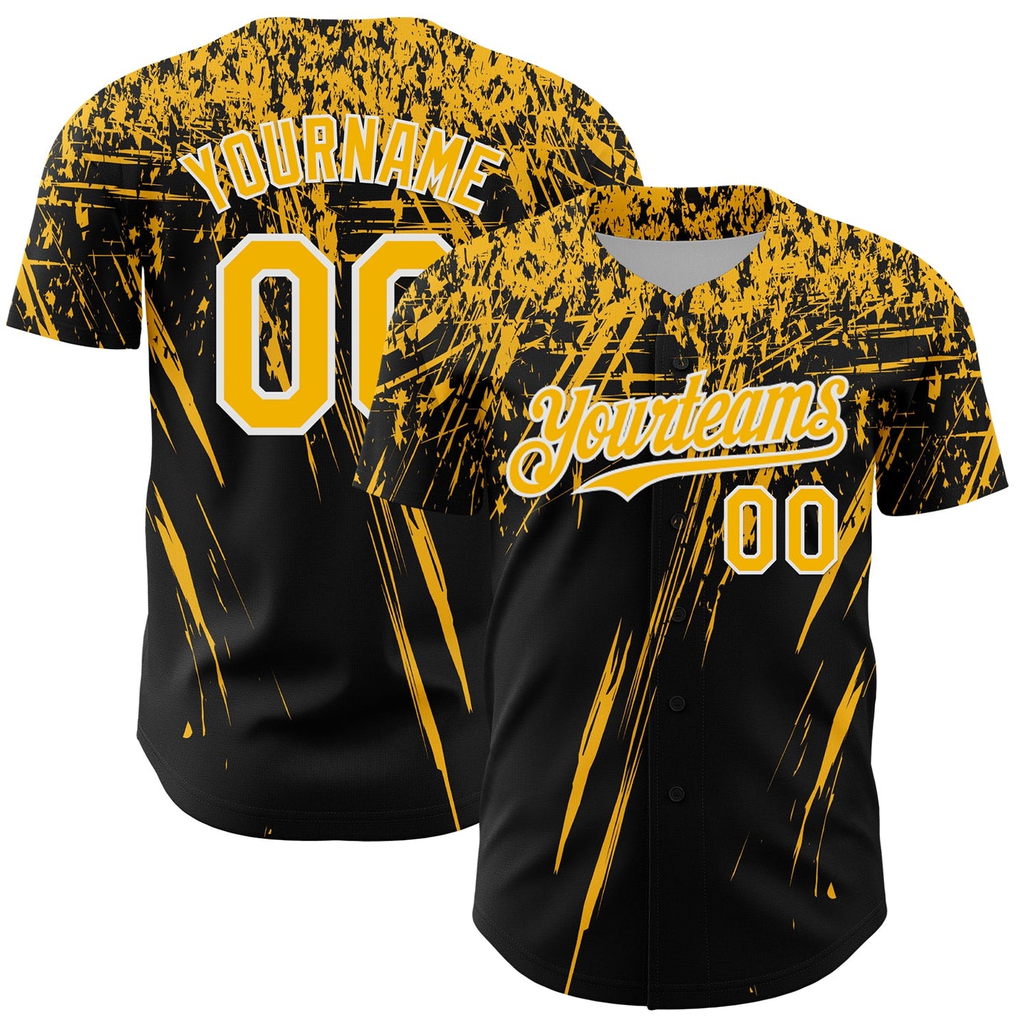 Custom Black Gold-White Distressed Scratch Brush Stroke Authentic Baseball Jersey - Main View