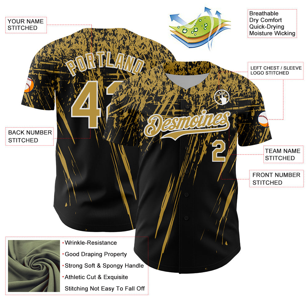 Custom Black Old Gold-White Distressed Scratch Brush Stroke Authentic Baseball Jersey view 3