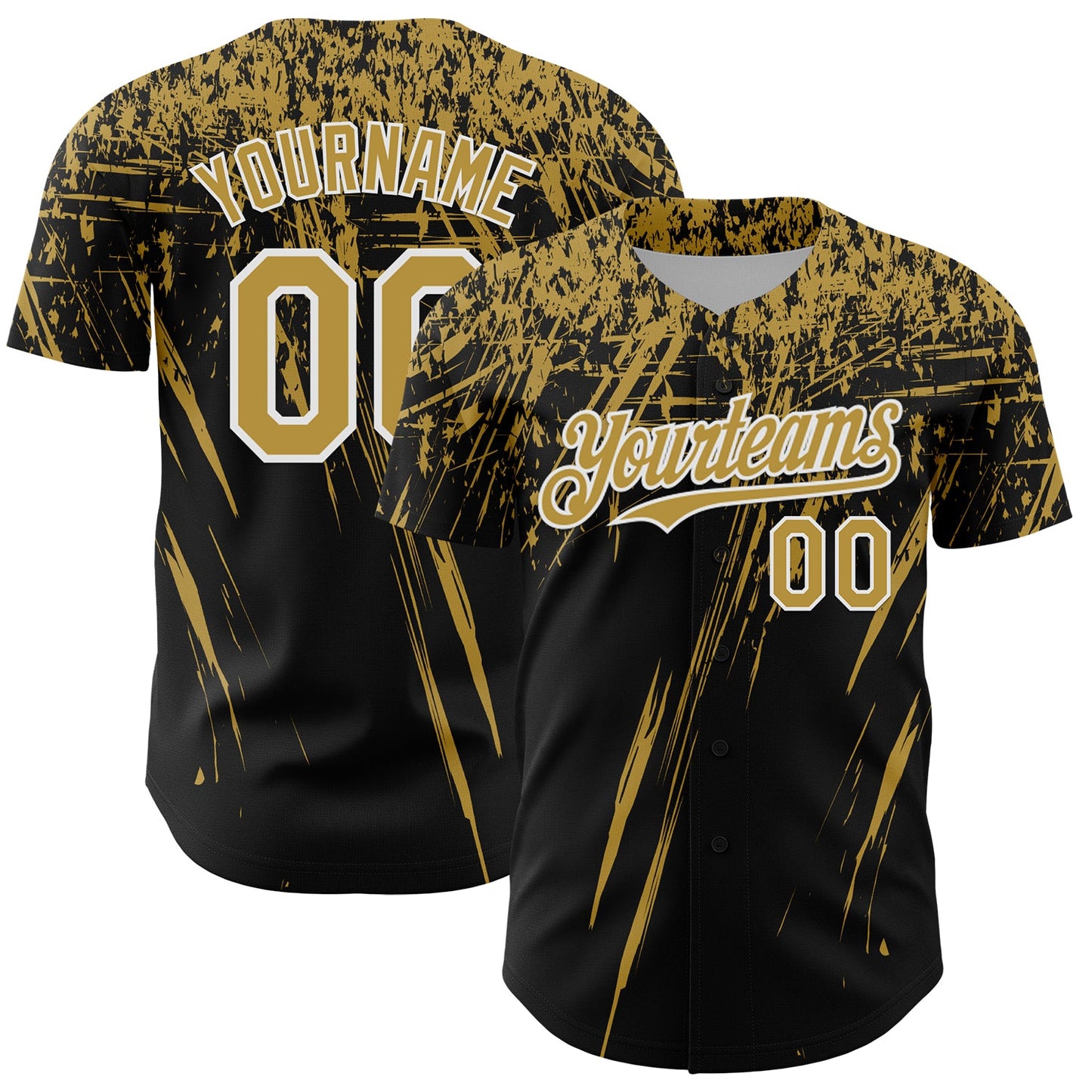 Custom Black Old Gold-White Distressed Scratch Brush Stroke Authentic Baseball Jersey - Main View
