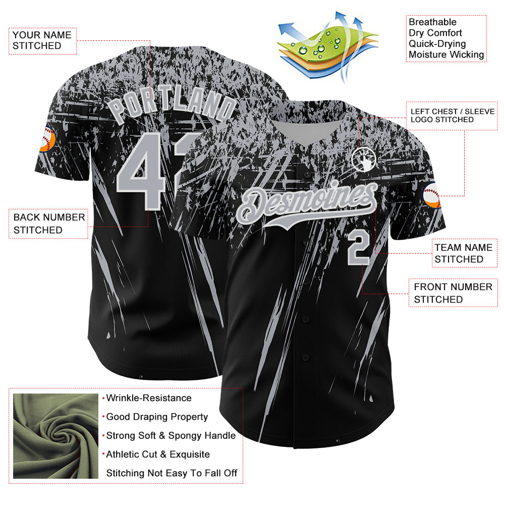 Custom Black Gray-White Distressed Scratch Brush Stroke Authentic Baseball Jersey view 3