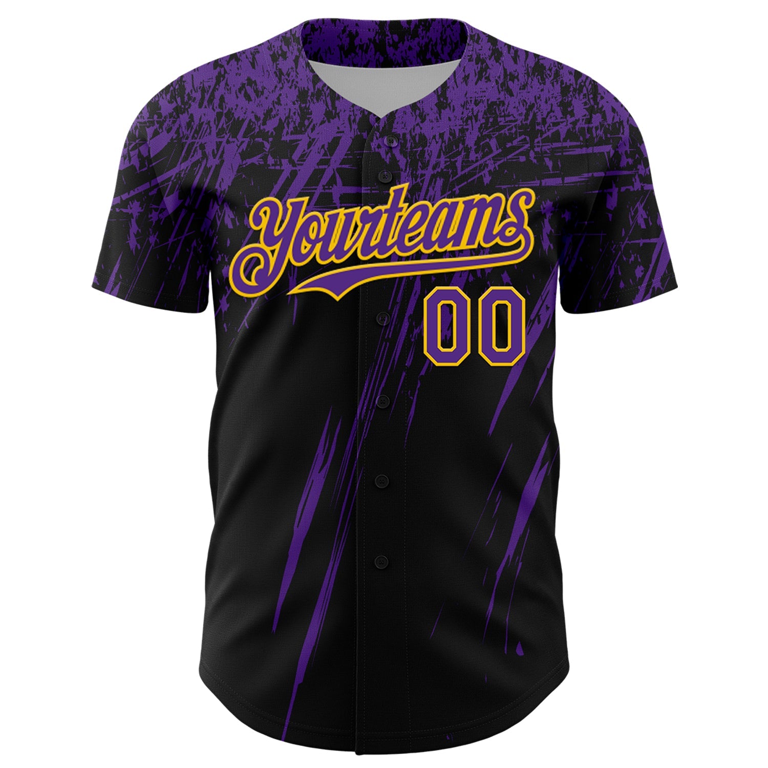 Custom Black Purple-Yellow Distressed Scratch Brush Stroke Authentic Baseball Jersey view 2