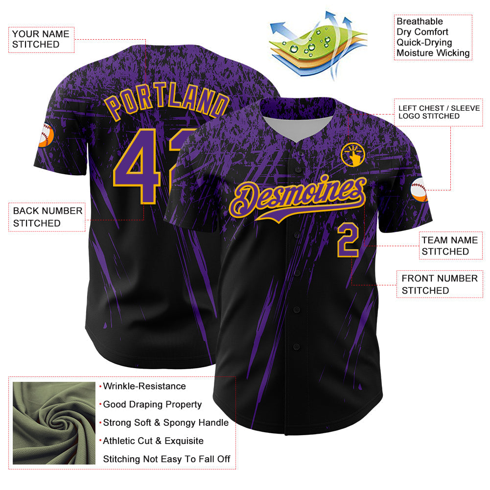 Custom Black Purple-Yellow Distressed Scratch Brush Stroke Authentic Baseball Jersey view 3