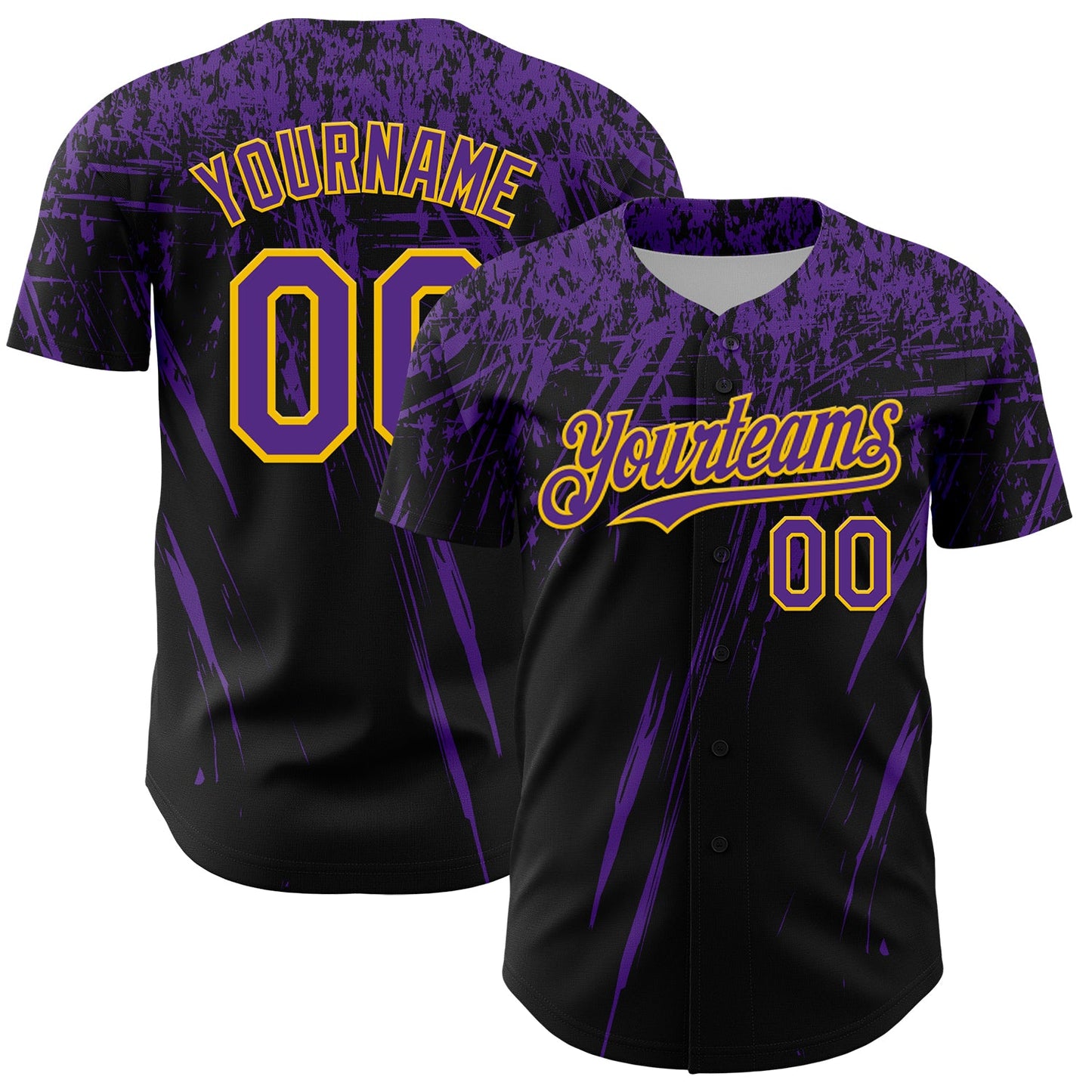 Custom Black Purple-Yellow Distressed Scratch Brush Stroke Authentic Baseball Jersey - Main View