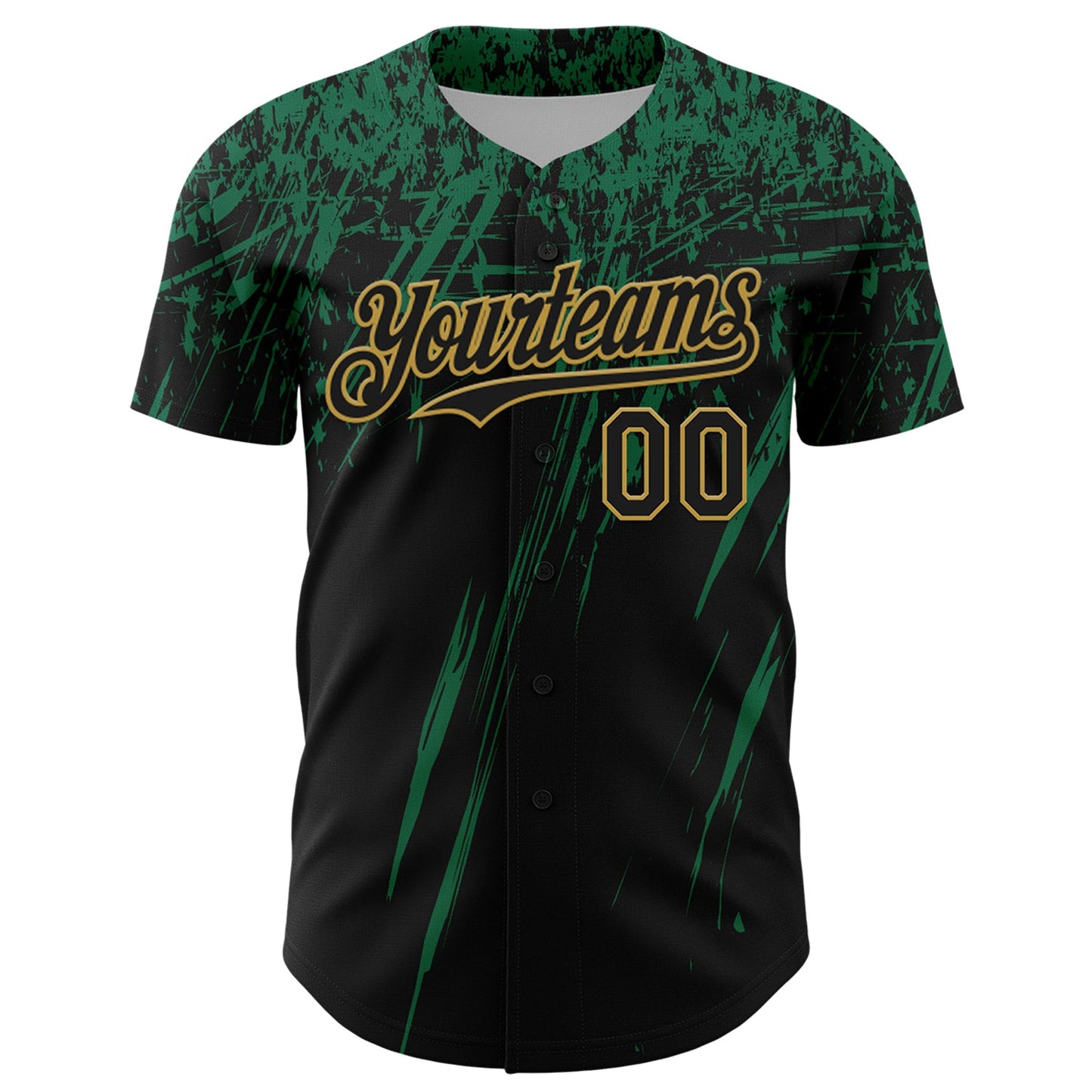 Custom Black Kelly Green-Old Gold Distressed Scratch Brush Stroke Authentic Baseball Jersey view 2