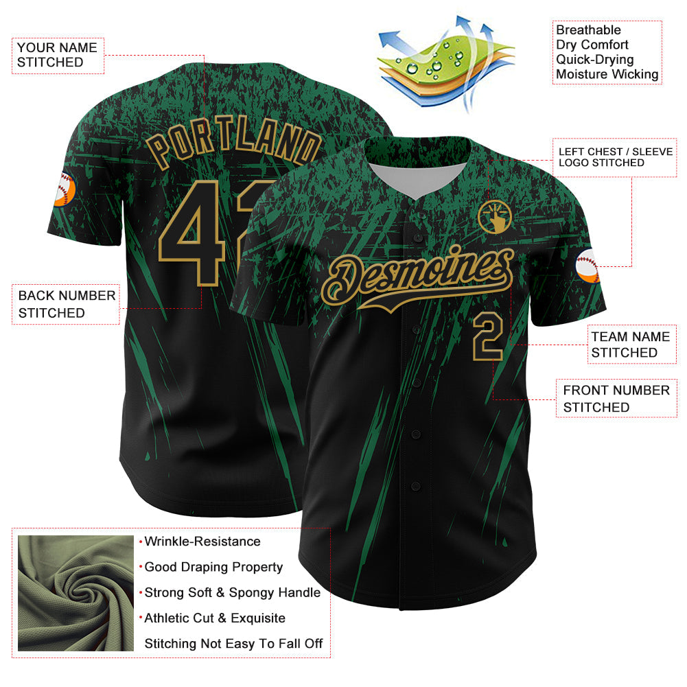Custom Black Kelly Green-Old Gold Distressed Scratch Brush Stroke Authentic Baseball Jersey view 3