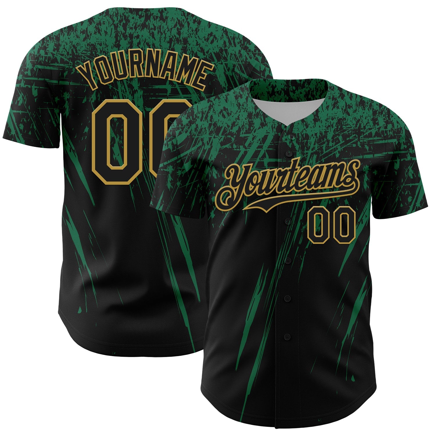 Custom Black Kelly Green-Old Gold Distressed Scratch Brush Stroke Authentic Baseball Jersey - Main View