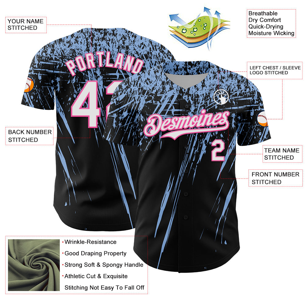 Custom Black White Light Blue-Pink Distressed Scratch Brush Stroke Authentic Baseball Jersey view 3