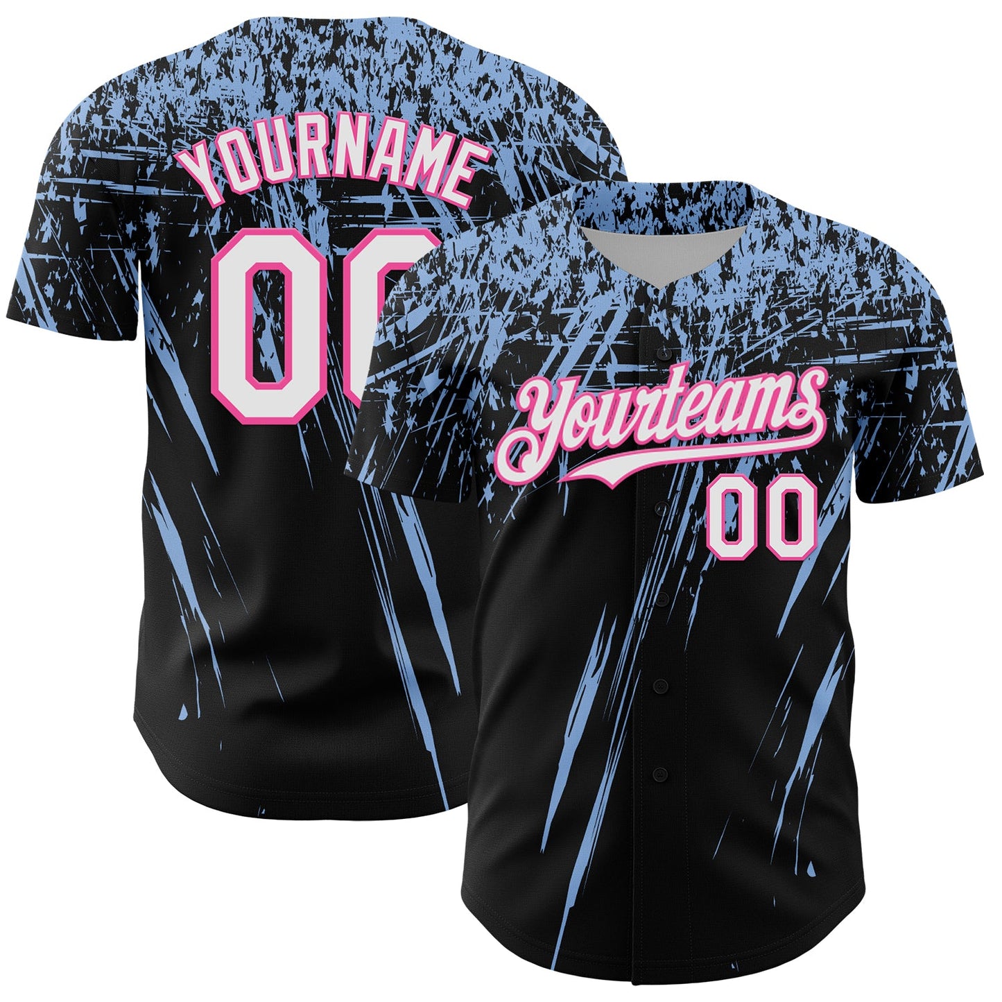 Custom Black White Light Blue-Pink Distressed Scratch Brush Stroke Authentic Baseball Jersey - Main View