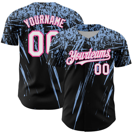 Custom Black White Light Blue-Pink Distressed Scratch Brush Stroke Authentic Baseball Jersey - Main View