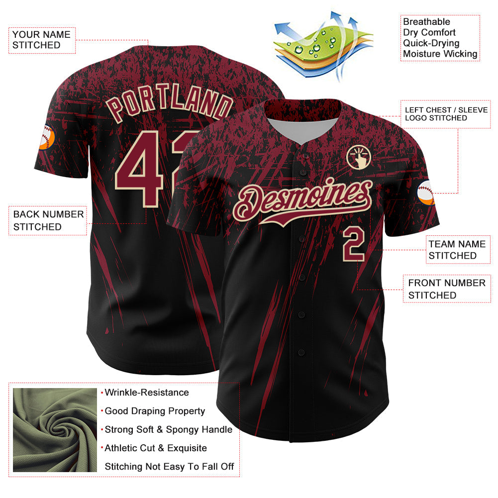 Custom Black Crimson-Cream Distressed Scratch Brush Stroke Authentic Baseball Jersey view 3