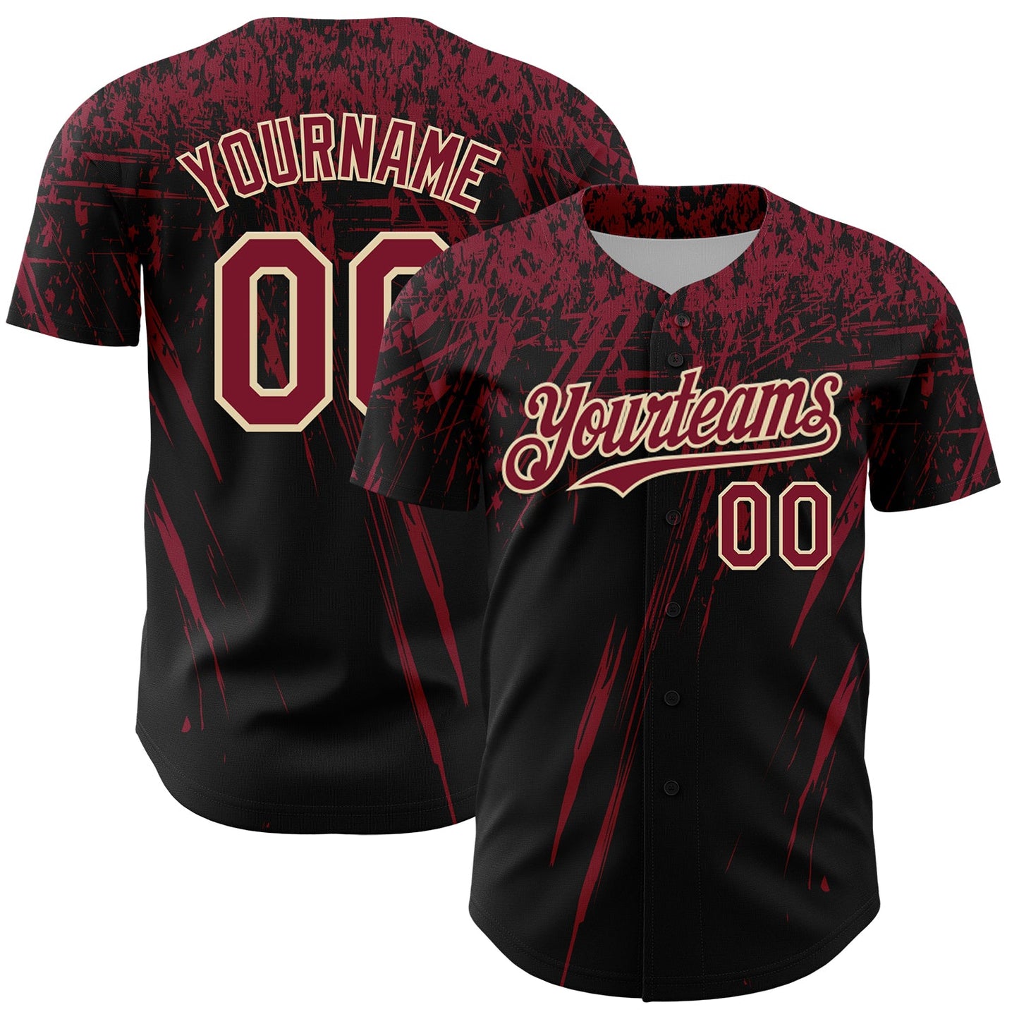 Custom Black Crimson-Cream Distressed Scratch Brush Stroke Authentic Baseball Jersey - Main View