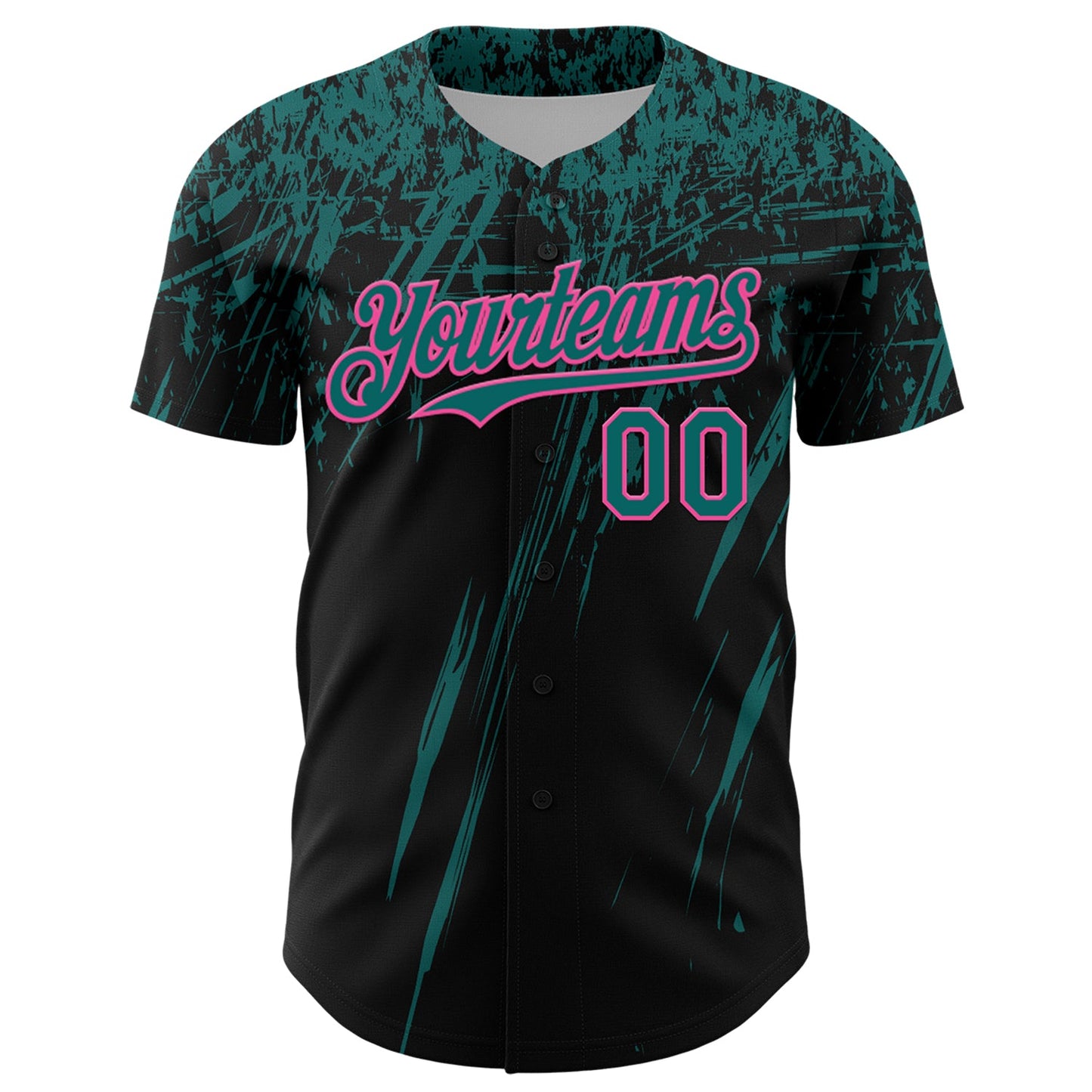 Custom Black Teal-Pink Distressed Scratch Brush Stroke Authentic Baseball Jersey view 2