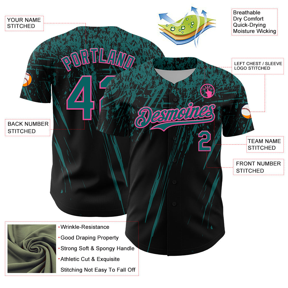 Custom Black Teal-Pink Distressed Scratch Brush Stroke Authentic Baseball Jersey view 3