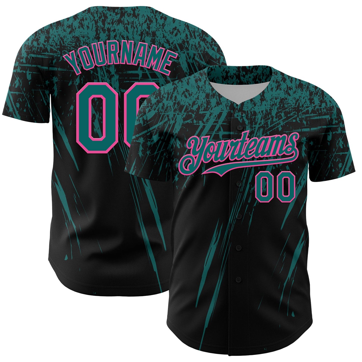 Custom Black Teal-Pink Distressed Scratch Brush Stroke Authentic Baseball Jersey - Main View