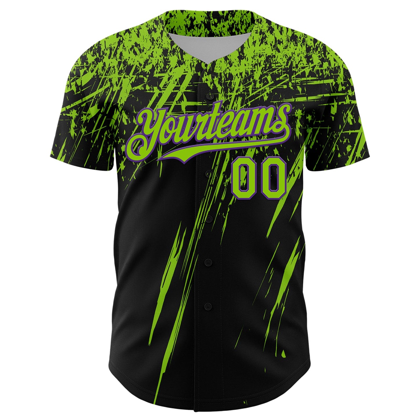 Custom Black Neon Green-Purple Distressed Scratch Brush Stroke Authentic Baseball Jersey view 2