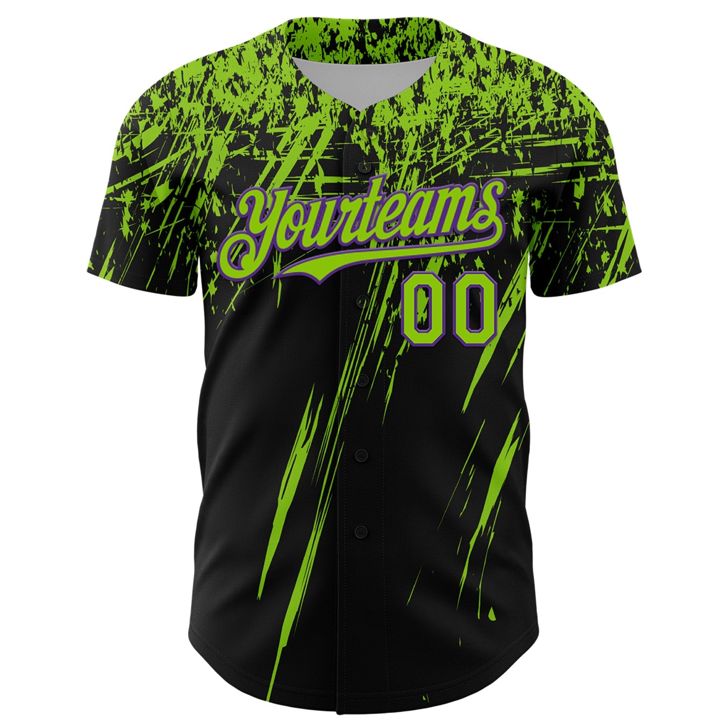 Custom Black Neon Green-Purple Distressed Scratch Brush Stroke Authentic Baseball Jersey view 2