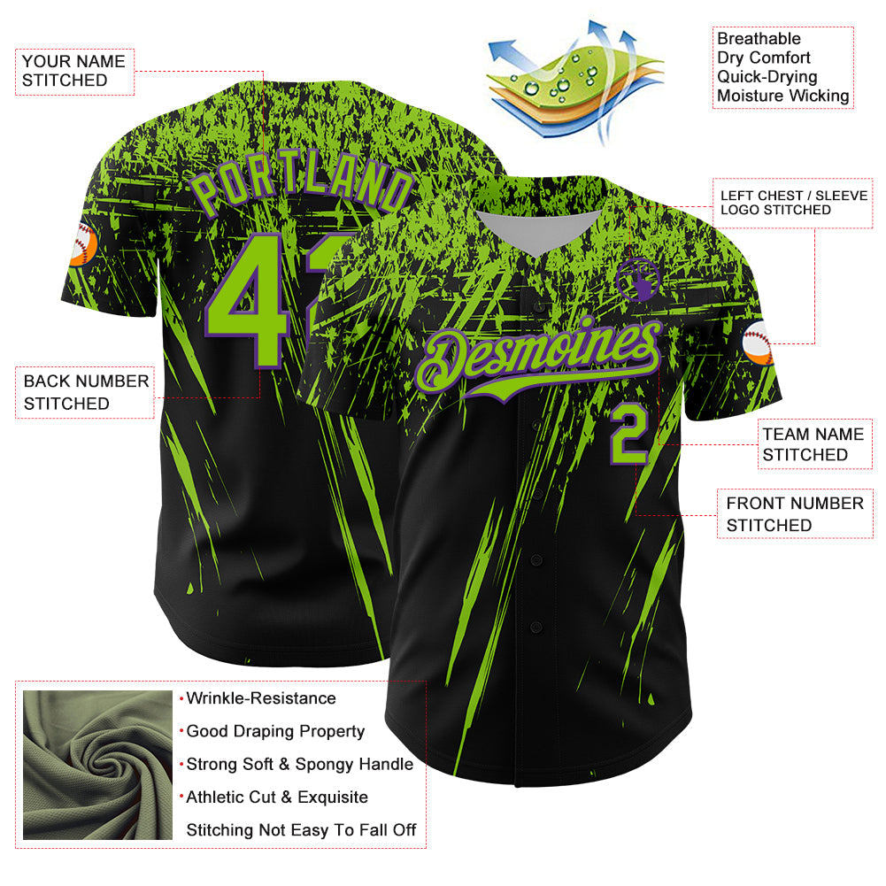 Custom Black Neon Green-Purple Distressed Scratch Brush Stroke Authentic Baseball Jersey view 3