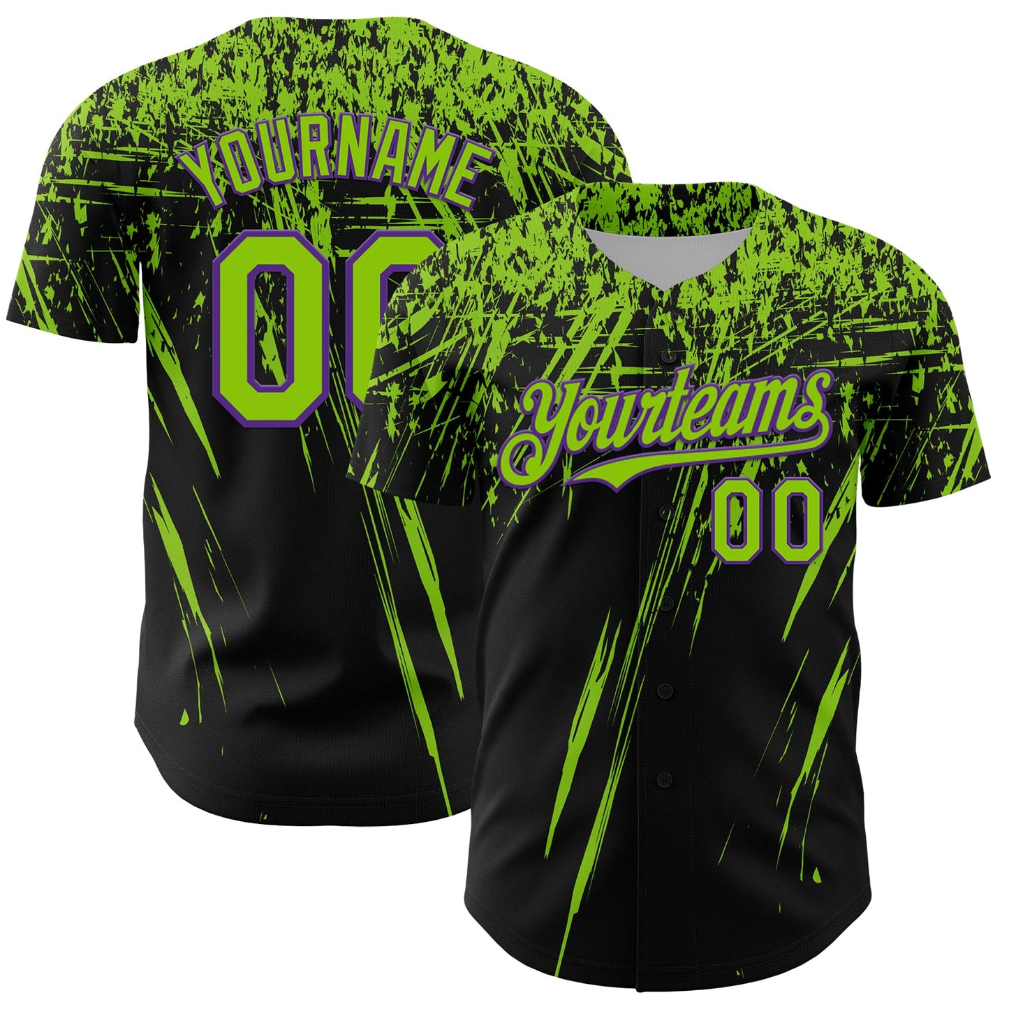 Custom Black Neon Green-Purple Distressed Scratch Brush Stroke Authentic Baseball Jersey - Main View