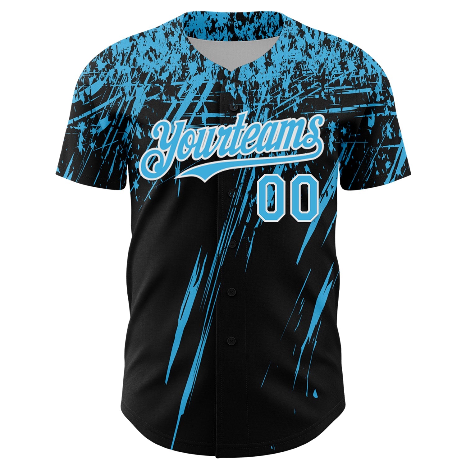 Custom Black Sky Blue-White Distressed Scratch Brush Stroke Authentic Baseball Jersey view 2