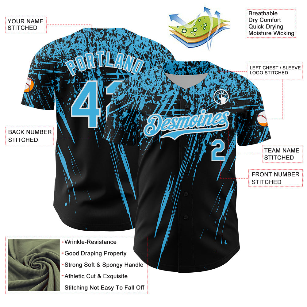 Custom Black Sky Blue-White Distressed Scratch Brush Stroke Authentic Baseball Jersey view 3
