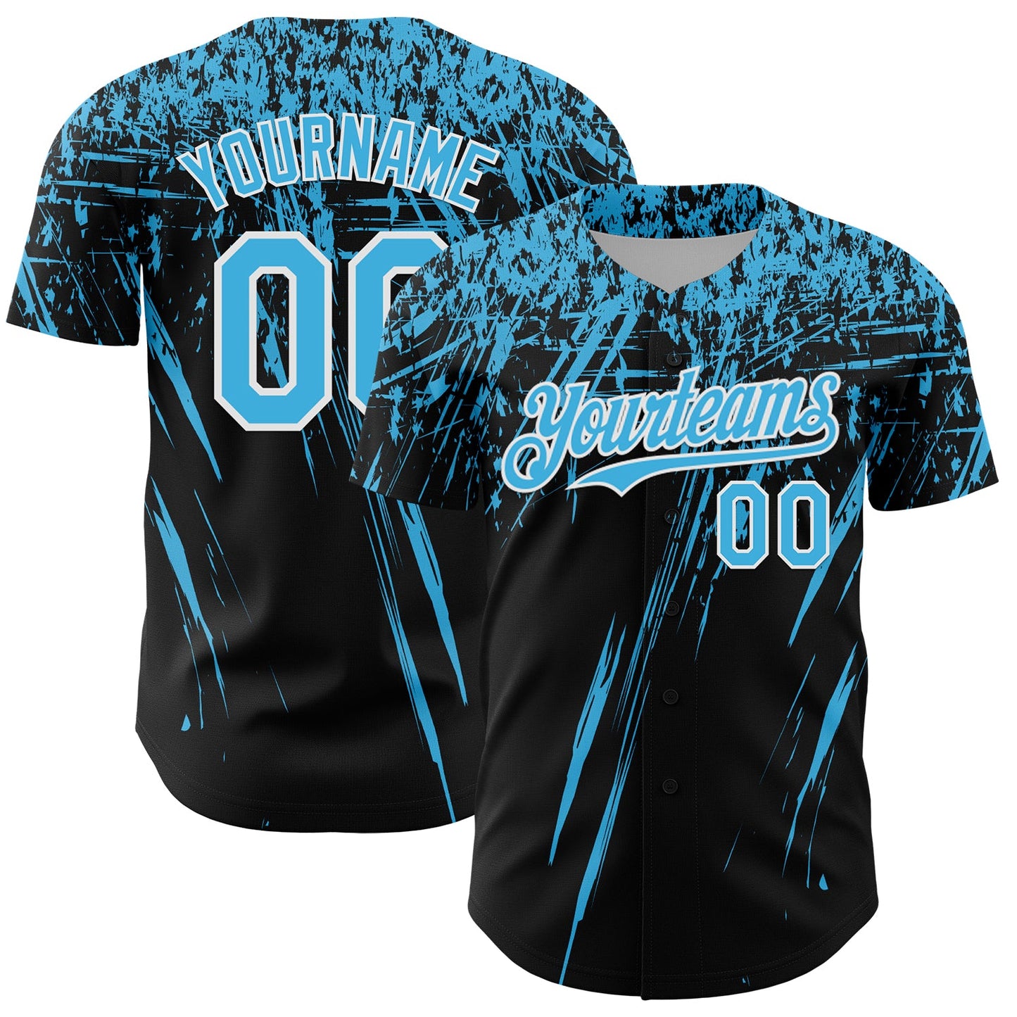 Custom Black Sky Blue-White Distressed Scratch Brush Stroke Authentic Baseball Jersey - Main View