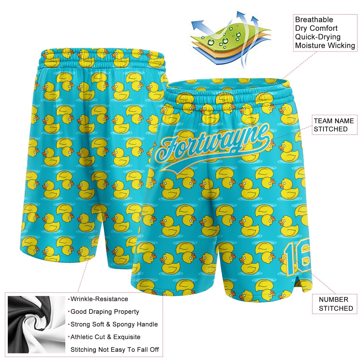 Custom Lakes Blue Yellow-White 3D Pattern Duck Authentic Basketball Shorts view 2