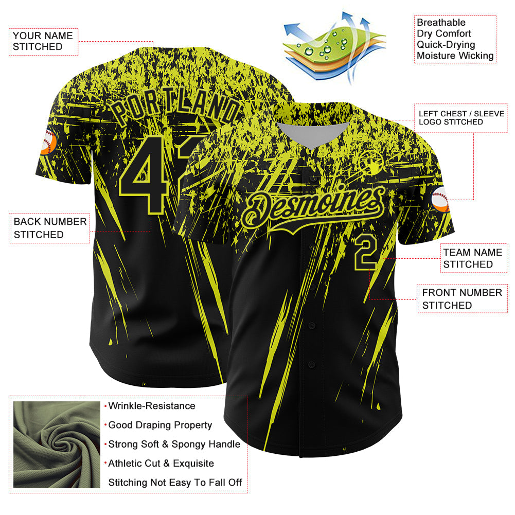 Custom Black Neon Yellow Distressed Scratch Brush Stroke Authentic Baseball Jersey view 3
