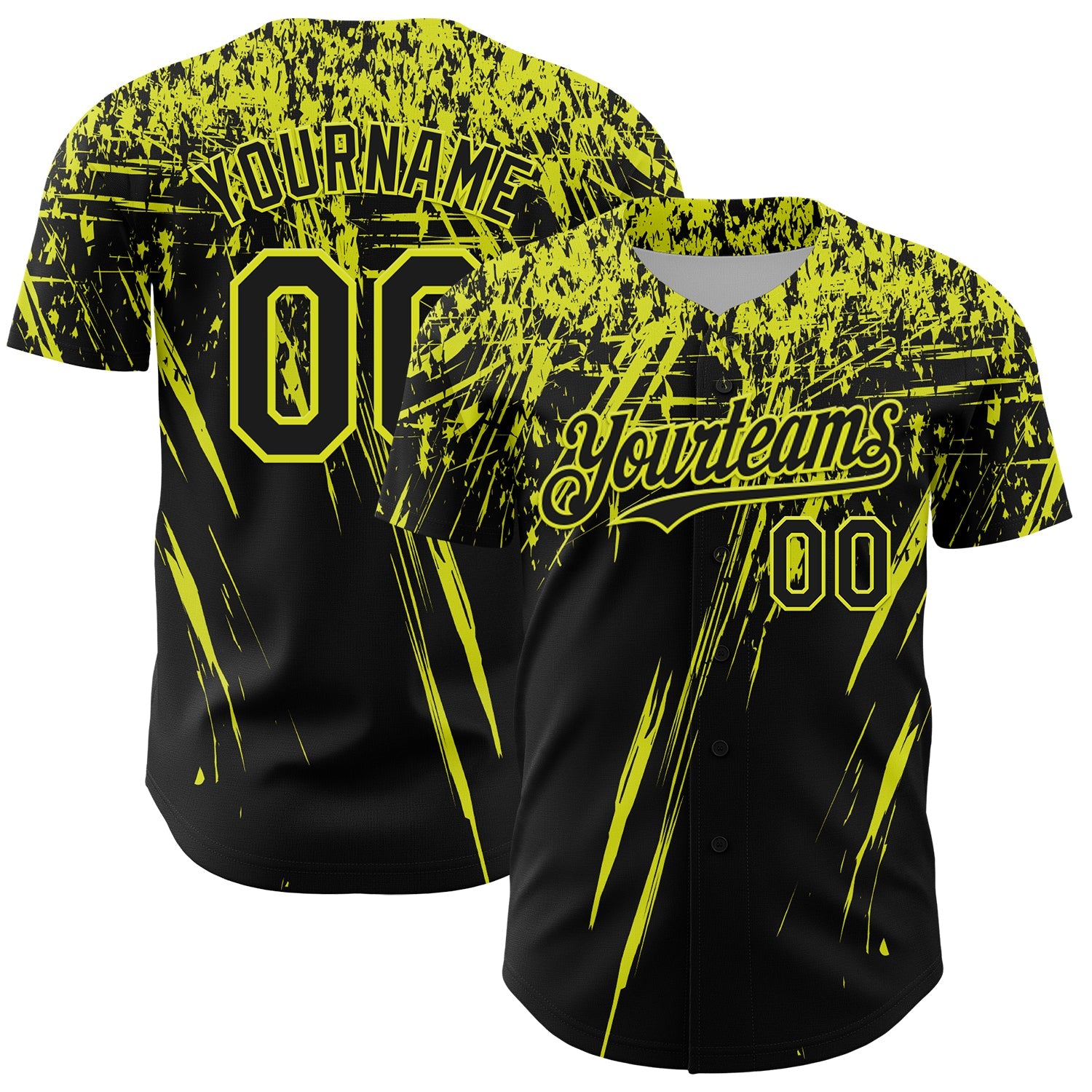 Custom Black Neon Yellow Distressed Scratch Brush Stroke Authentic Baseball Jersey - Main View