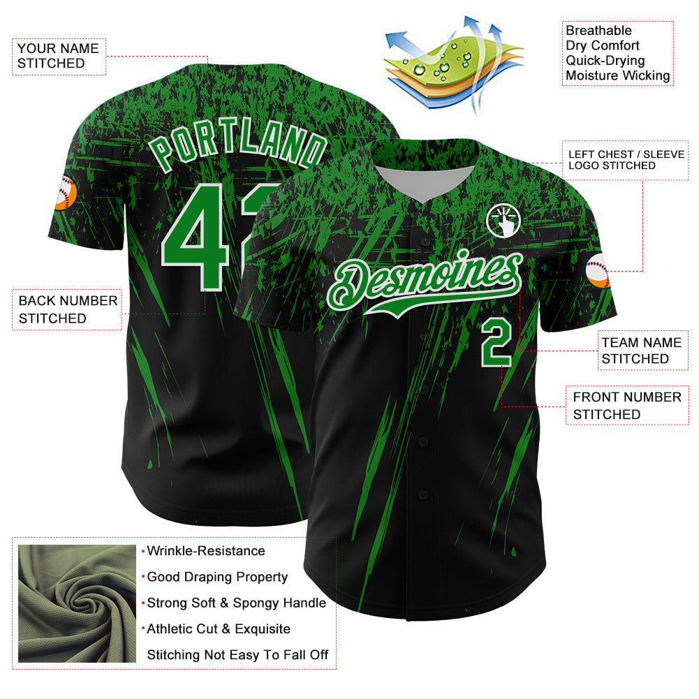 Custom Black Grass Green-White Distressed Scratch Brush Stroke Authentic Baseball Jersey view 3