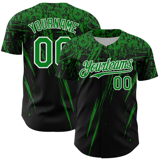 Custom Black Grass Green-White Distressed Scratch Brush Stroke Authentic Baseball Jersey - Main View