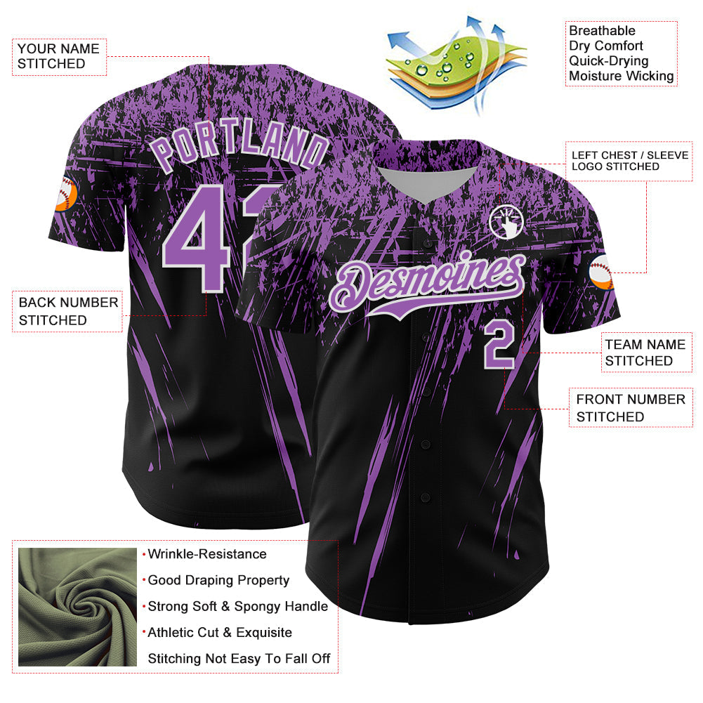 Custom Black Medium Purple-White Distressed Scratch Brush Stroke Authentic Baseball Jersey view 3