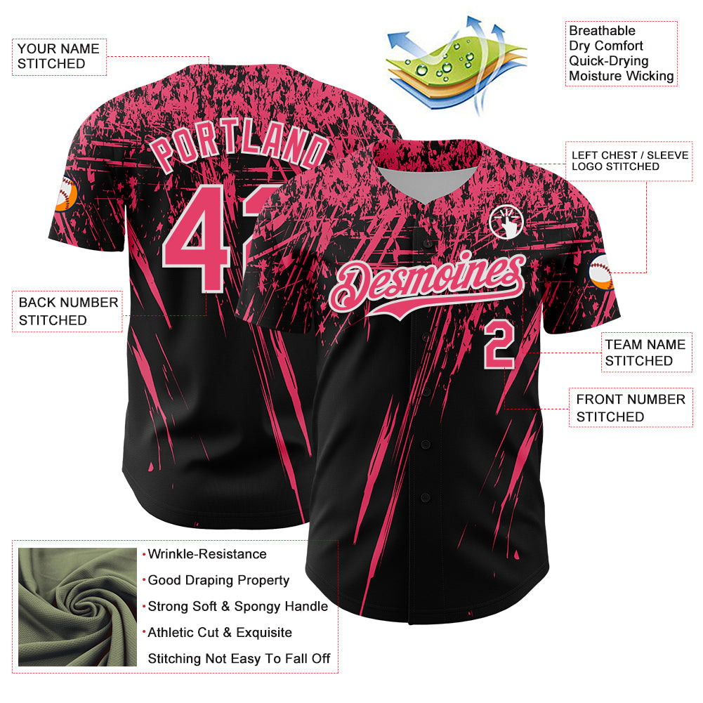 Custom Black Neon Pink-White Distressed Scratch Brush Stroke Authentic Baseball Jersey view 3