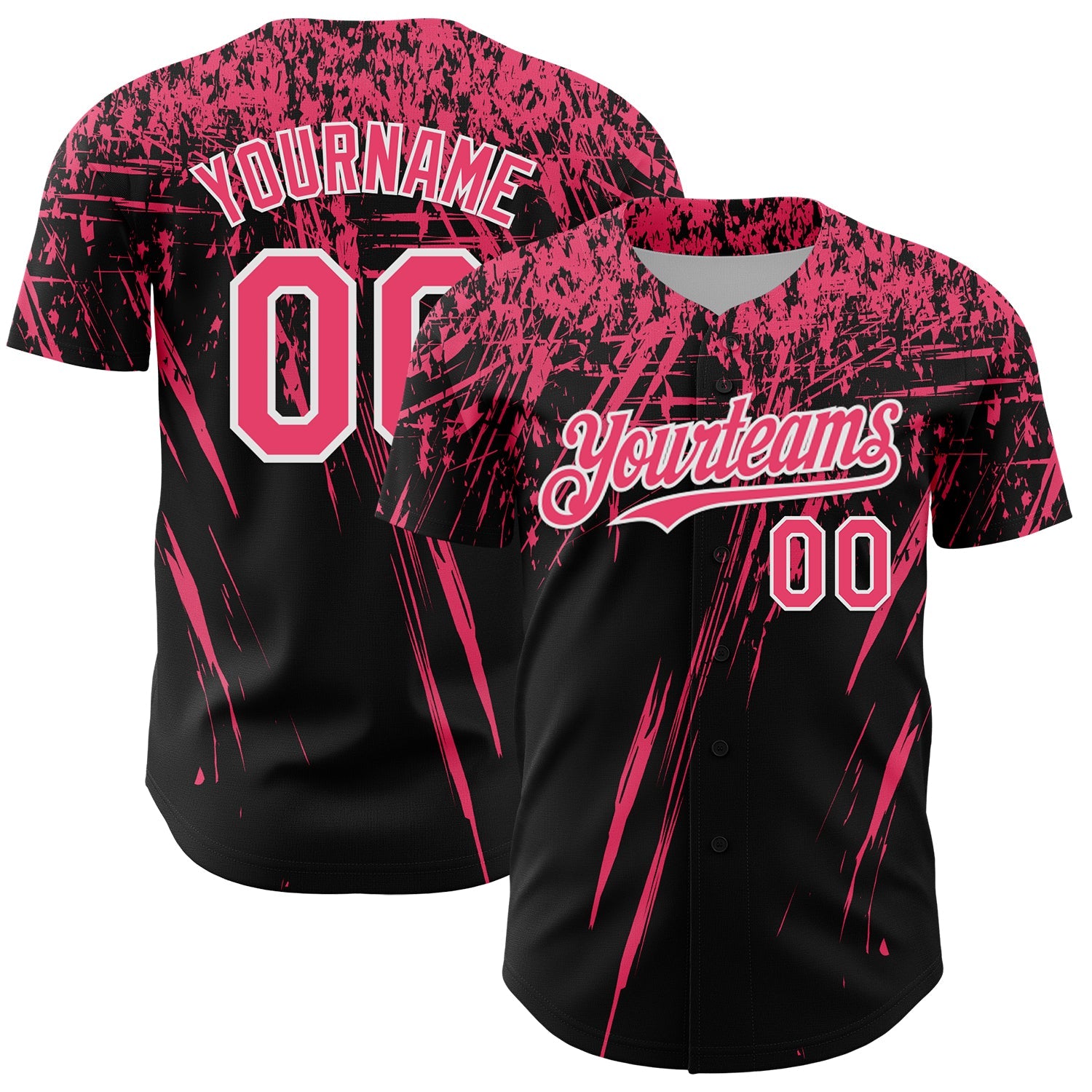 Custom Black Neon Pink-White Distressed Scratch Brush Stroke Authentic Baseball Jersey - Main View