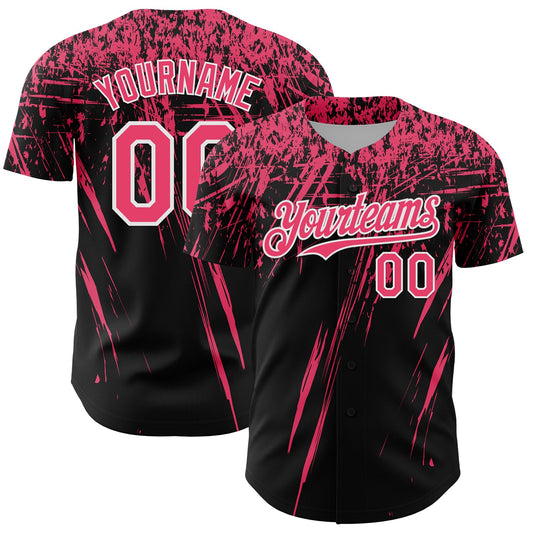Custom Black Neon Pink-White Distressed Scratch Brush Stroke Authentic Baseball Jersey - Main View