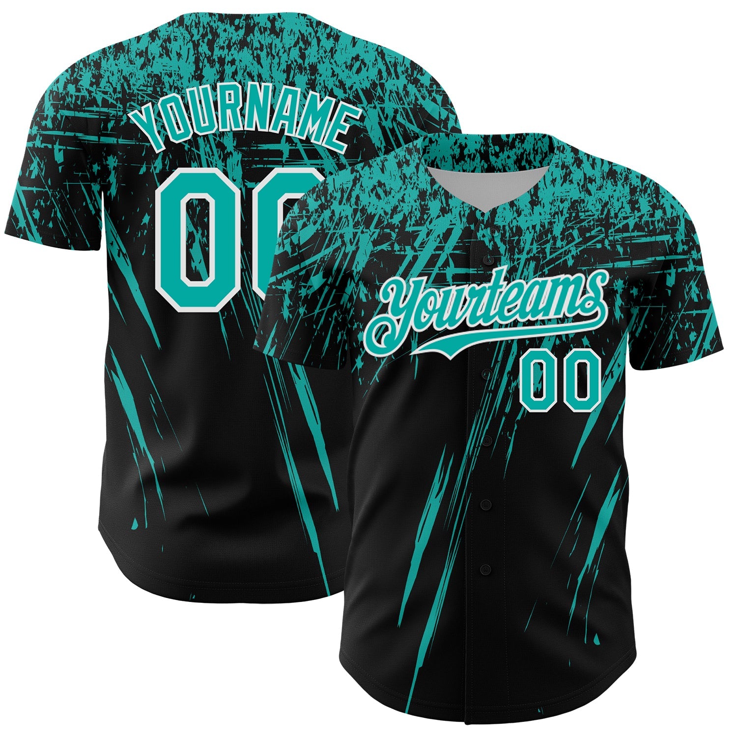 Custom Black Aqua-White Distressed Scratch Brush Stroke Authentic Baseball Jersey - Main View