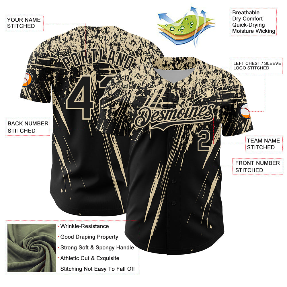 Custom Black Cream Distressed Scratch Brush Stroke Authentic Baseball Jersey view 3