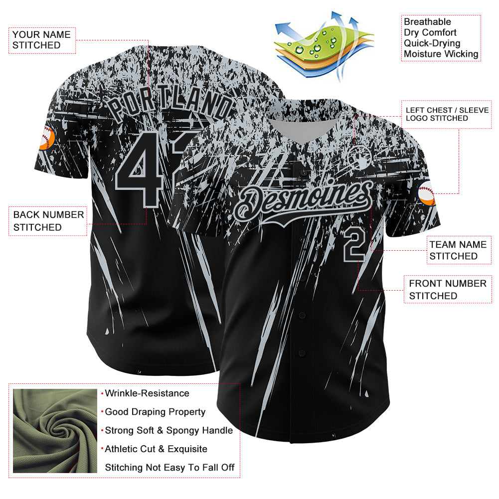 Custom Black Silver Distressed Scratch Brush Stroke Authentic Baseball Jersey view 3