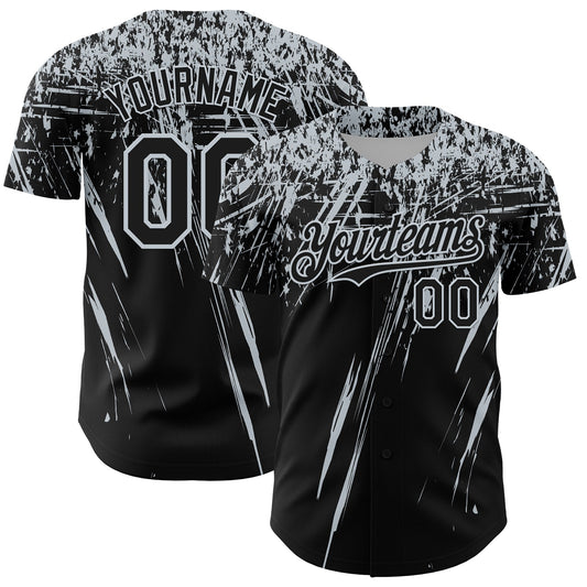 Custom Black Silver Distressed Scratch Brush Stroke Authentic Baseball Jersey - Main View