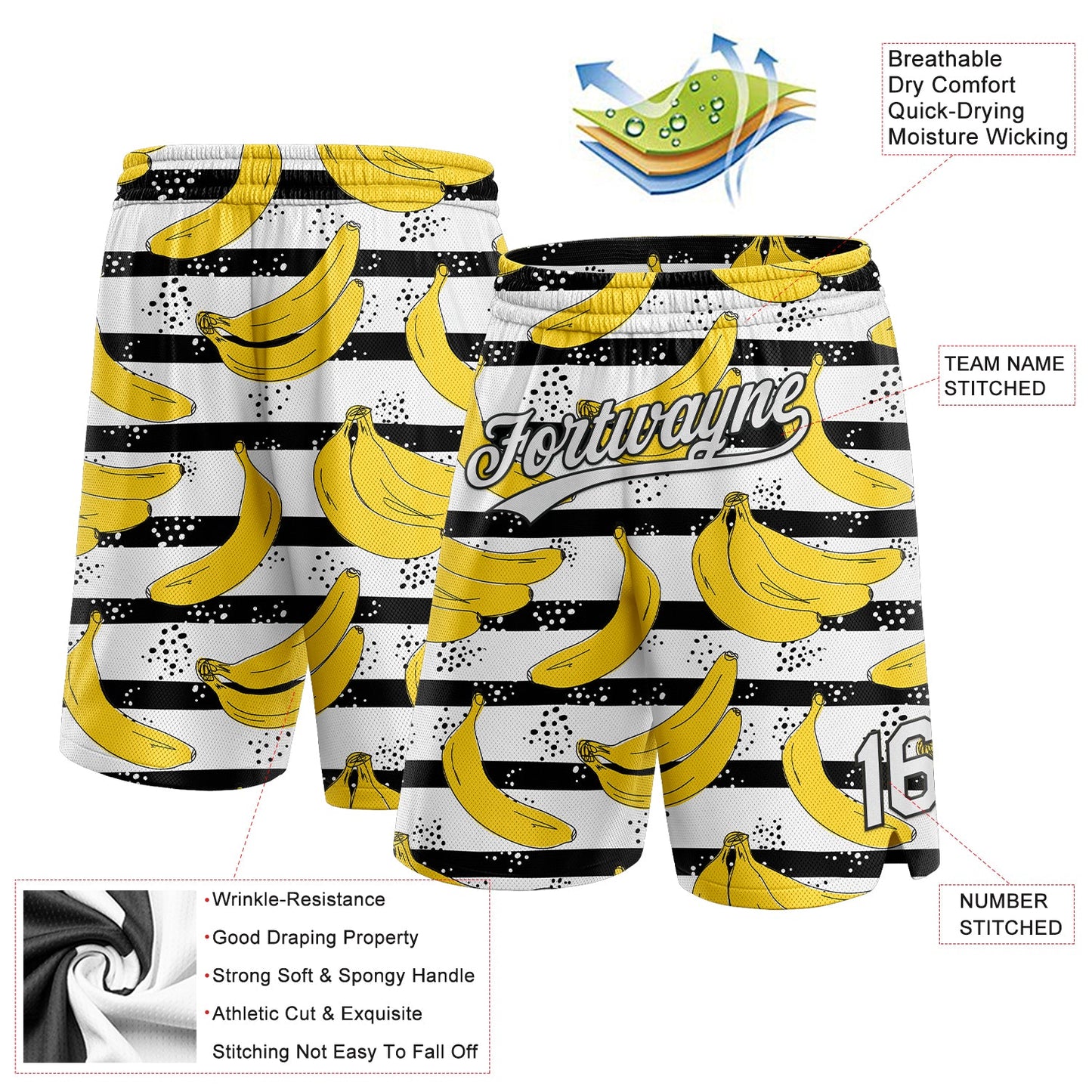 Custom Black White 3D Pattern Banana Authentic Basketball Shorts view 2