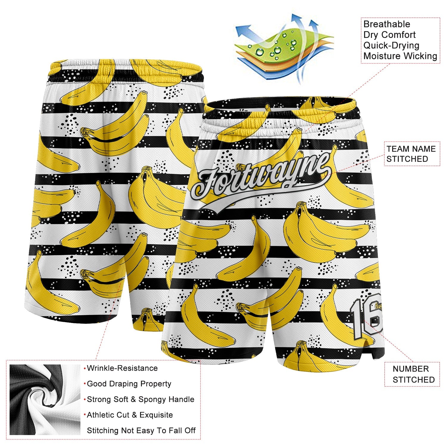 Custom Black White 3D Pattern Banana Authentic Basketball Shorts view 2