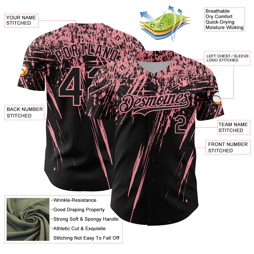Custom Black Medium Pink Distressed Scratch Brush Stroke Authentic Baseball Jersey view 3