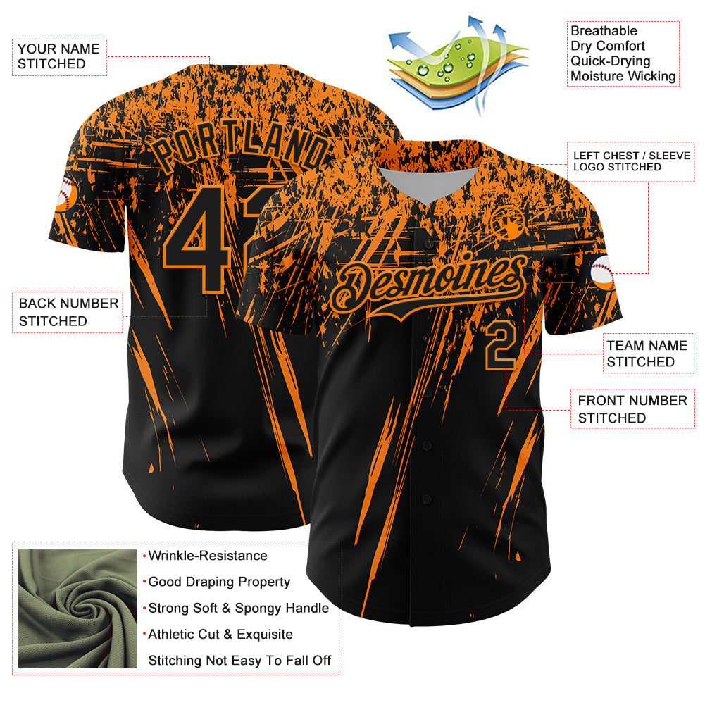 Custom Black Bay Orange Distressed Scratch Brush Stroke Authentic Baseball Jersey view 3