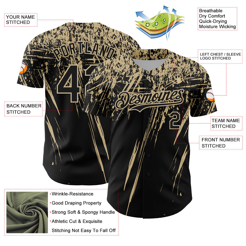 Custom Black Vegas Gold Distressed Scratch Brush Stroke Authentic Baseball Jersey view 3