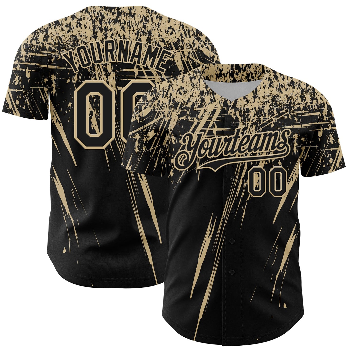 Custom Black Vegas Gold Distressed Scratch Brush Stroke Authentic Baseball Jersey - Main View