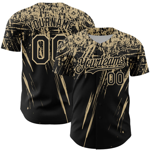 Custom Black Vegas Gold Distressed Scratch Brush Stroke Authentic Baseball Jersey - Main View