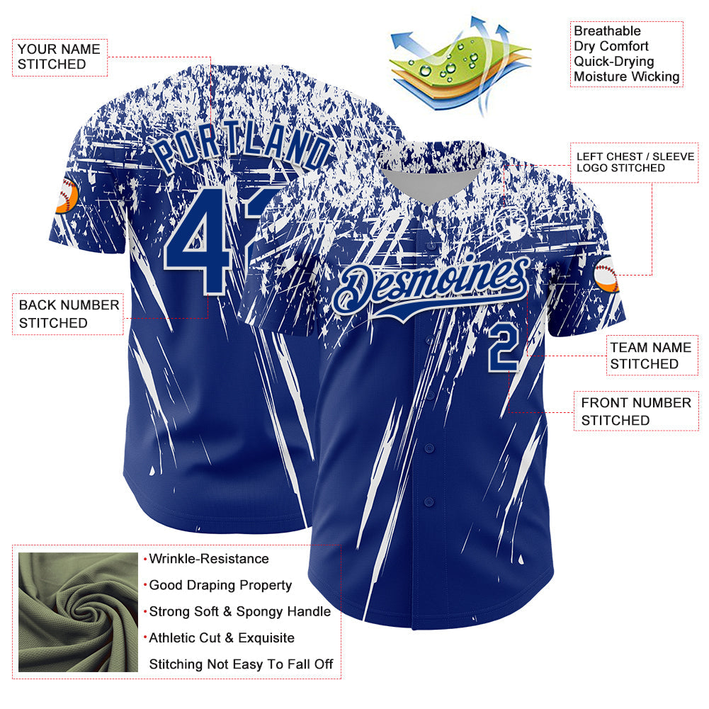 Custom Royal White Distressed Scratch Brush Stroke Authentic Baseball Jersey view 3