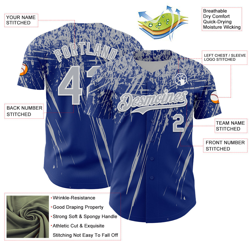 Custom Royal Gray-White Distressed Scratch Brush Stroke Authentic Baseball Jersey view 3