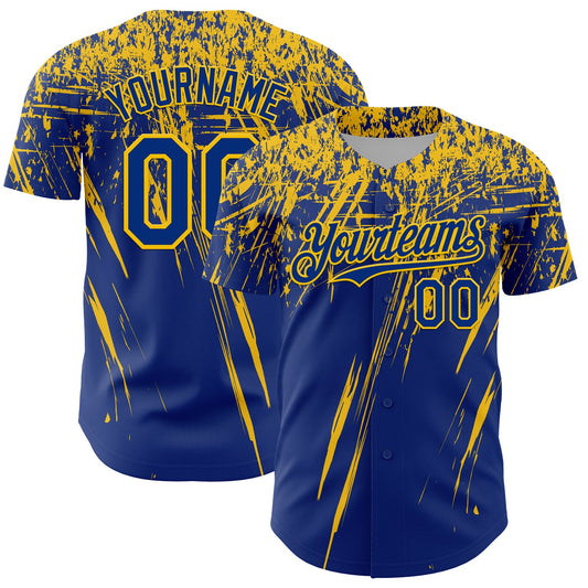 Custom Royal Yellow Distressed Scratch Brush Stroke Authentic Baseball Jersey - Main View